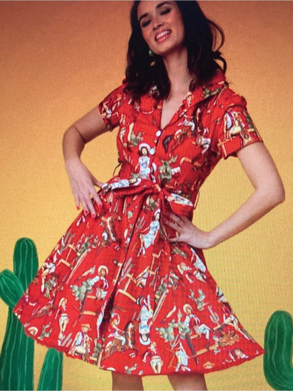 WOMENS Western-Print Red Fit & Flare Dress from Unique Vintage size XL - Picture 3 of 10
